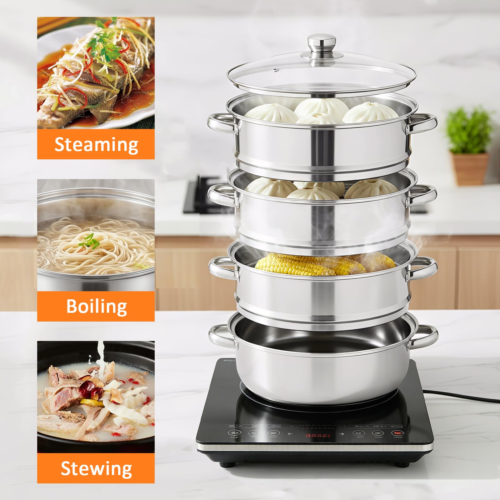 Vaporera de 28 cm de acero inoxidable, 3 y 4 niveles, olla con tapa de cristal, olla a presión apilable para verduras, pescado, pasta y sopas, para inducción y gas (3 niveles)