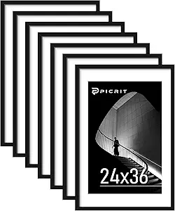 Picrit 24x36 Black Poster Frame 7 Pack, Display Pictures 20 x 30 with Mat or 24 x 36 without Mat for Horizontal or Vertical Wall Mounting, Wall Gallery Photo Frames