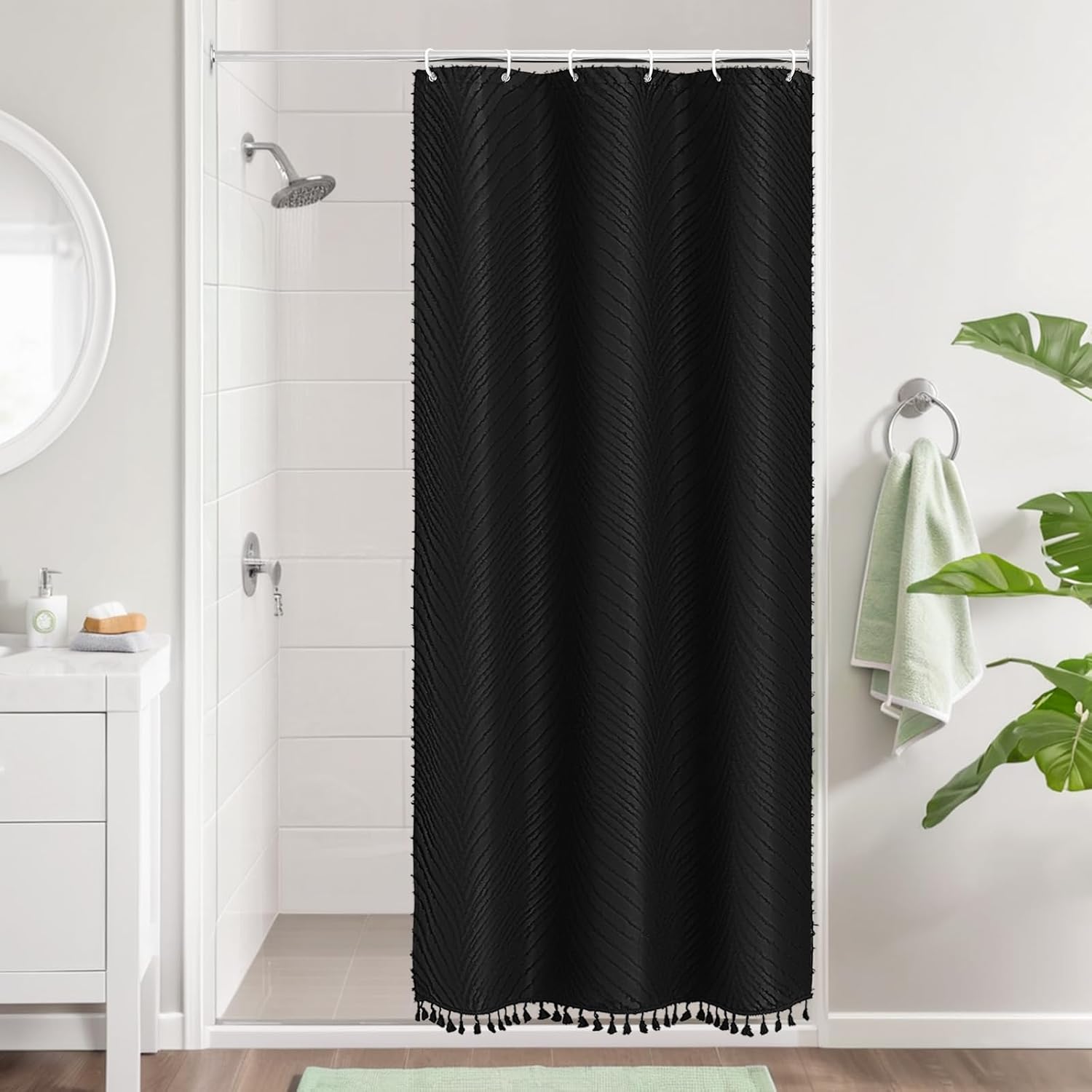 Boho Long Shower Curtain, 72 x 78, Elegant Tufted Striped Leaf Textured Shower Curtain, Soft Privacy Protect with 12 Hooks, Machine Washable, Lavender