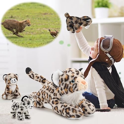 Miniatura 3 de MaoGoLan Juego de 4 peluches de guepardo, 4 piezas de juguete realista de felpa de leopardo, guepardo de peluche con 3 cachorros, animal de peluche