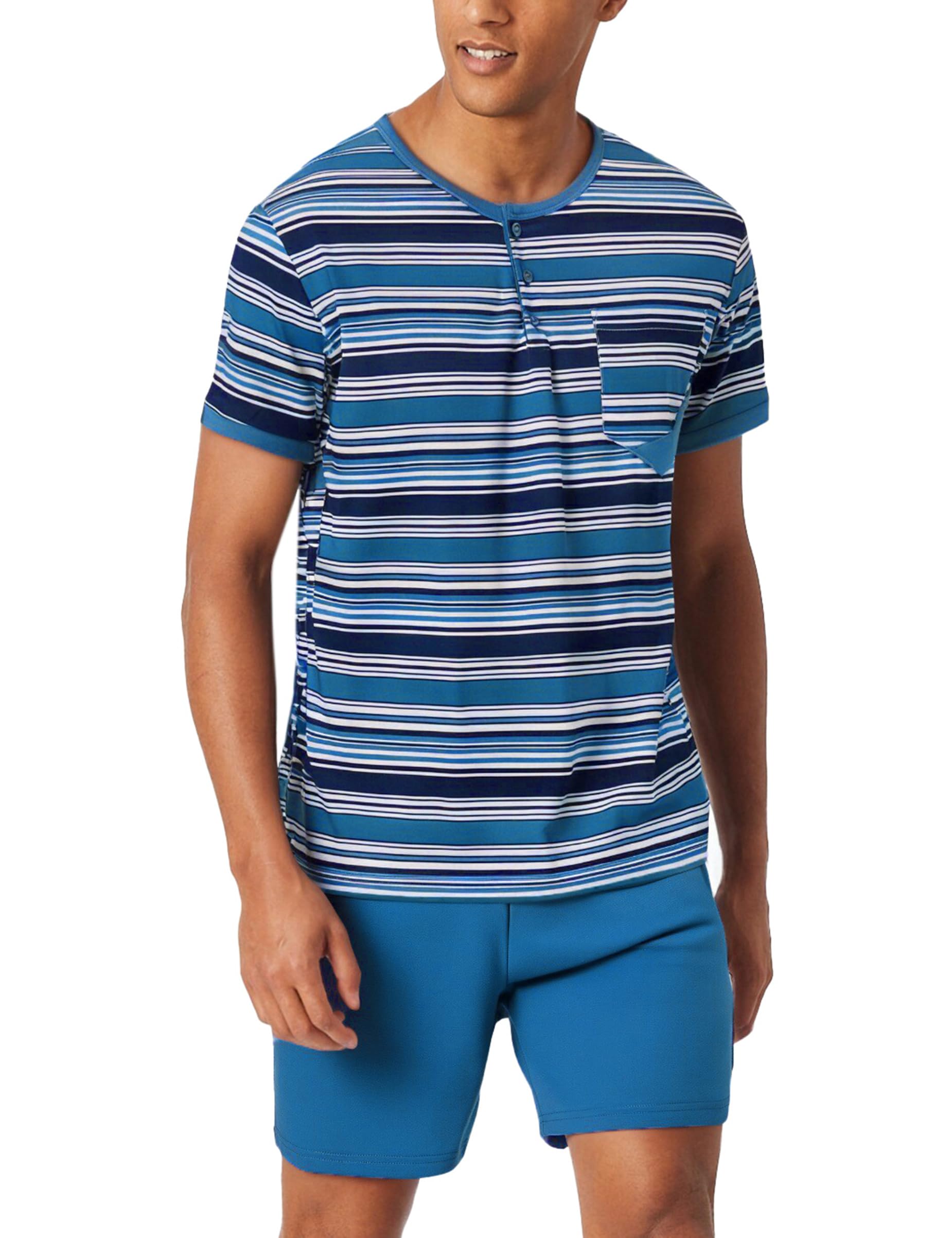 Jezonga Herren Schlafanzug Kurz Baumwolle Nightwear Set Pyjama Shorty Sommer Schlafanzüge Männer Kurzarm Nachtwäsche mit Knopfleiste