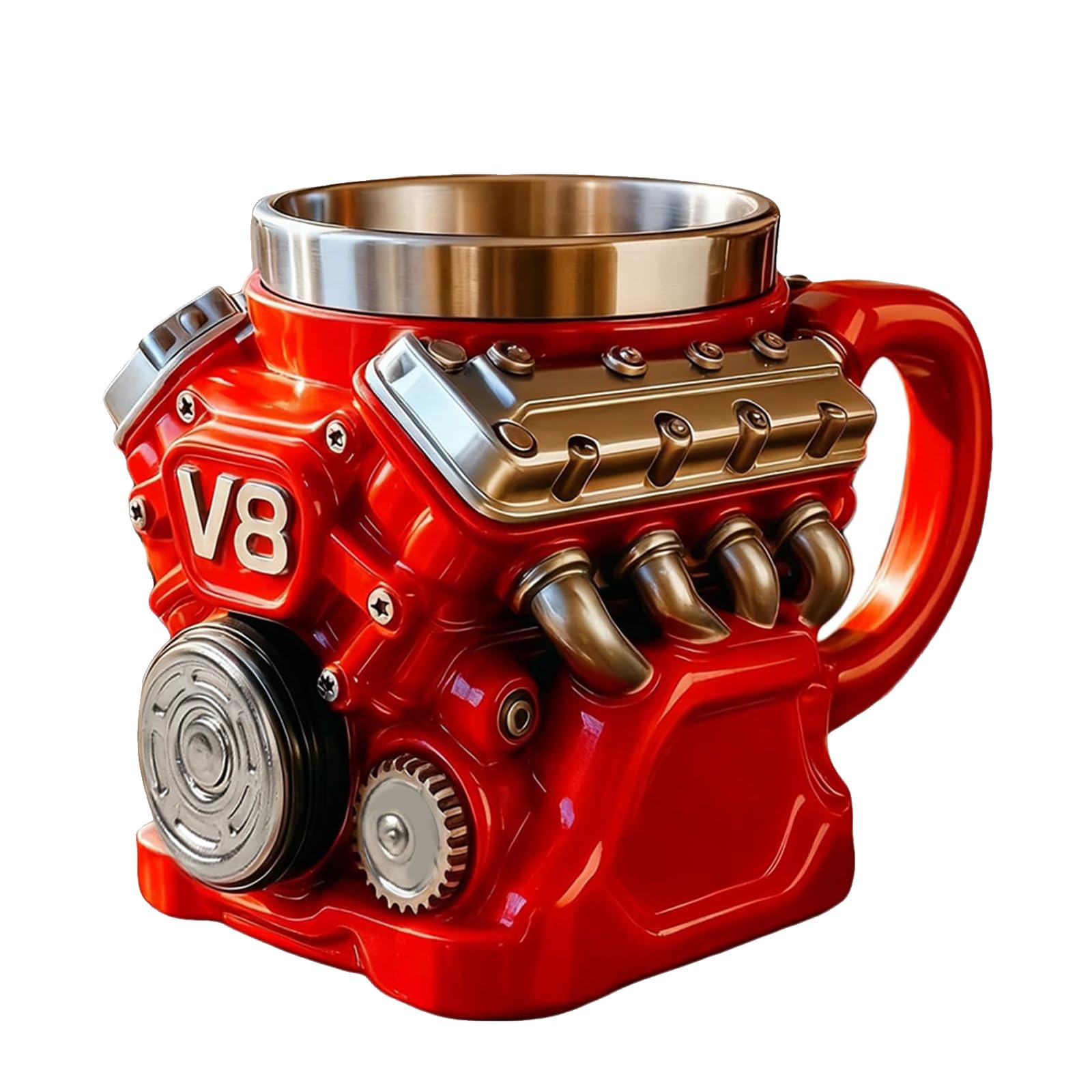 Hemoravoma 3D Engine Coffee Mug, V8 Mechanical Stainless Steel Cup, Realistic Car Engine Shaped, Creative Car Engines Design Gift Coffee Cup for Cars Enthusiasts & Racing Fans (Red)