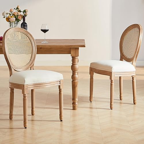 Miniatura 19 de Nrizc - Juego de 4 sillas de comedor de estilo francés rústico, sillas de tela de granja con respaldo redondo, silla de comedor de ratán, sillas