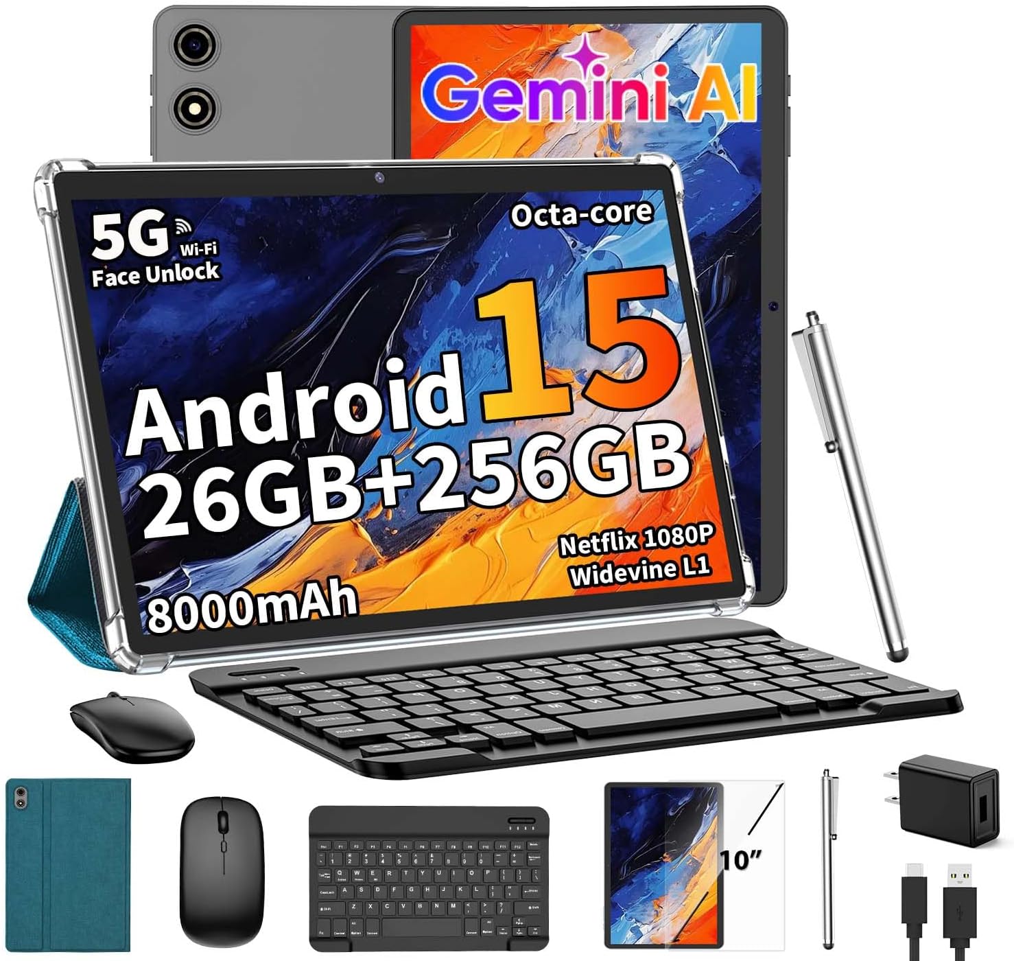 Android 15 Tablet with Keyboard, 26GB RAM+256GB ROM(2TB Expand), 10 inch tablet with 8000mAh Battery, 2.4G/5G WiFi, 5MP+13MP Dual Camera, Widevine L1, Gemini AI, Mouse, Case, Stylus(Green Case) Android 15 Tablet with Keyboard, 26GB RAM+256GB ROM(2TB Expand), 10 inch tablet with 8000mAh Battery, 2.4G/5G WiFi, 5MP+13MP Dual Camera, Widevine L1, Gemini AI, Mouse, Case, Stylus(Green Case)