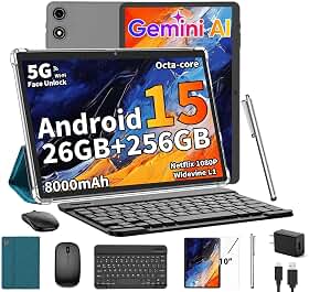 Tablet Android 15 com teclado, 26 GB de RAM + 256 GB de ROM (expansão de 2 TB), tablet de 10 polegadas com bateria de 8000 mAh, Wi-Fi de 2,4 G/5G, câmera dupla de 5 MP + 13 MP, Widevine L1, Gemini AI