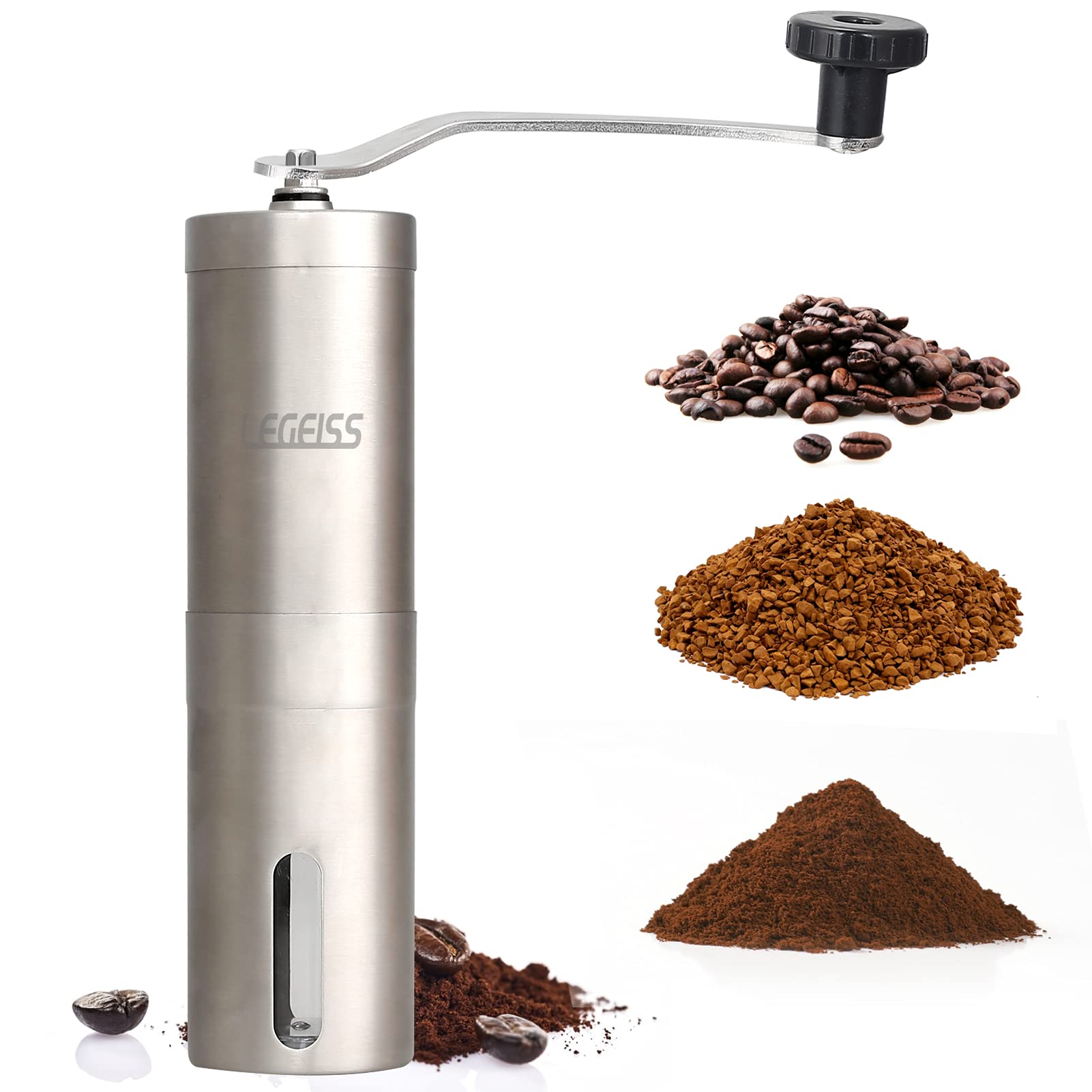 LEGEISS Manual Coffee Grinder with Adjustable Setting, Hand Coffee Grinder, Ceramic Burr Stainless Steel Portable Coffee Bean Grinder for Aeropress, Espresso, Drip Coffee, French Press, Turkish Brew