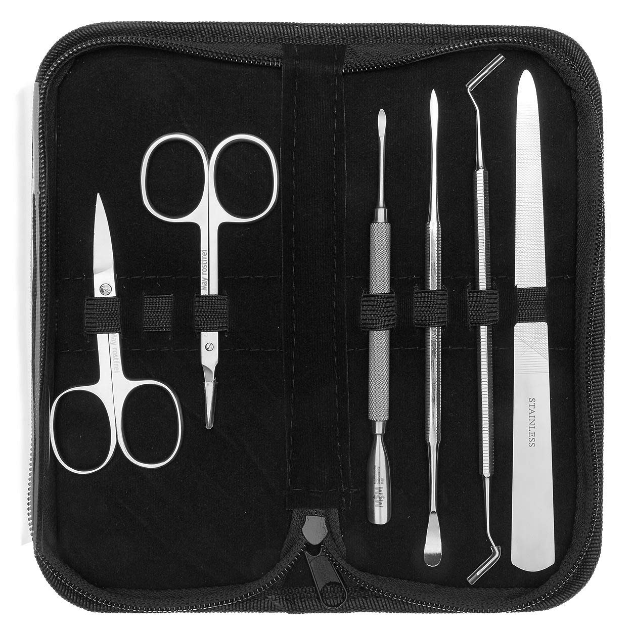 May - Set de manicura de 7 piezas con estuche. Instrumentos de belleza de acero inoxidable.