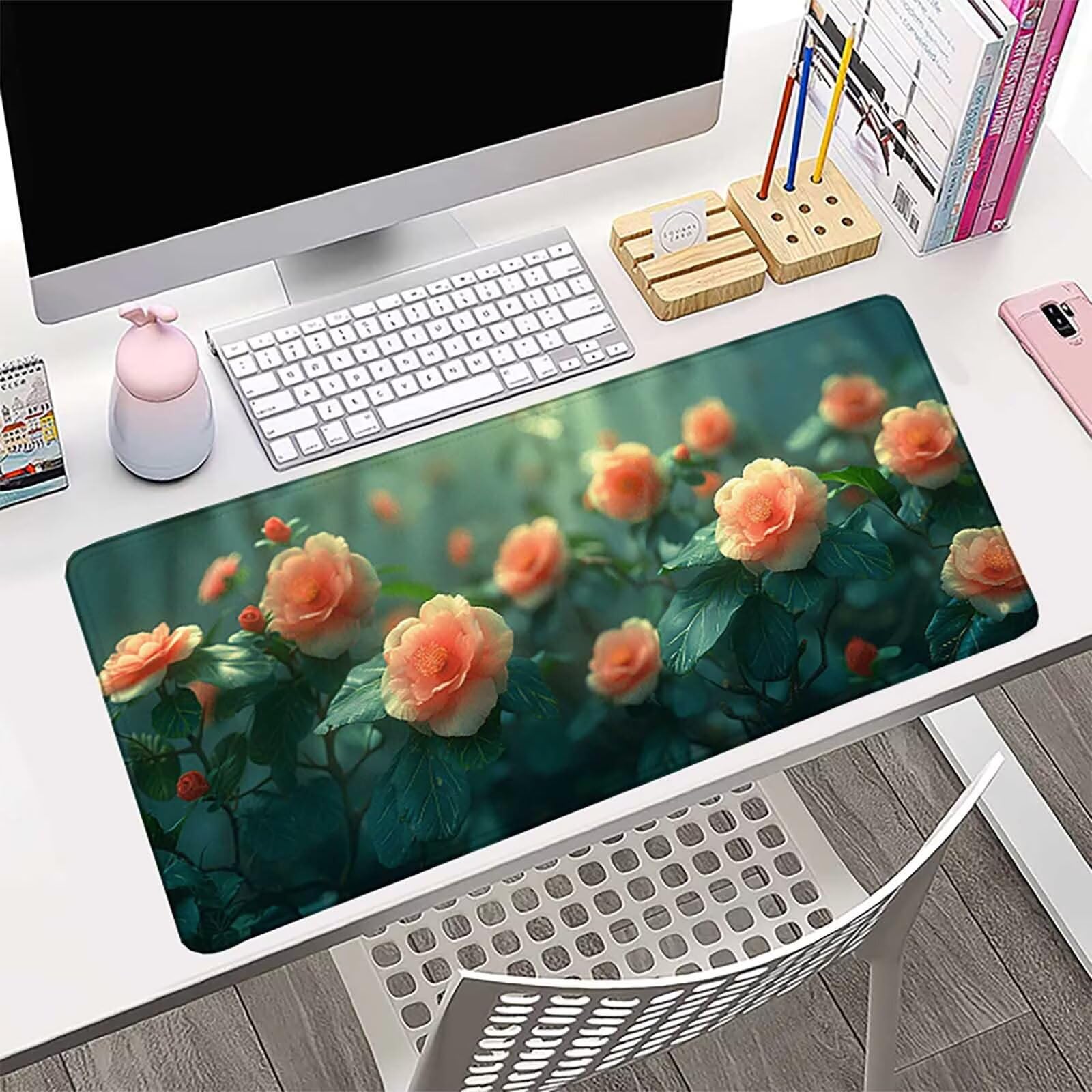 Rosa Alfombrilla Ratón Flor Alfombrilla Gaming XXL (1500x800x3MM), Impermeable Mouse Pad con Bordes Cosidos Tapete Escritorio con Base de Goma Antideslizante para Accesorios Gaming, Oficina -zzg2505B3
