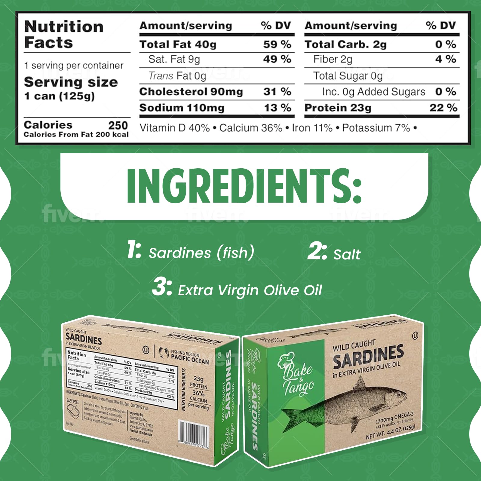 Bake and Tango - Sardines in Extra Virgin Olive Oil - 4.4oz (Pack of 12) | Rich in Omega-3, High-Protein, Wild-Caught, Non-GMO, Gluten-Free, Perfect for Snacks, Salads, and Recipes (4.4oz, Extra Virgin Olive Oil)