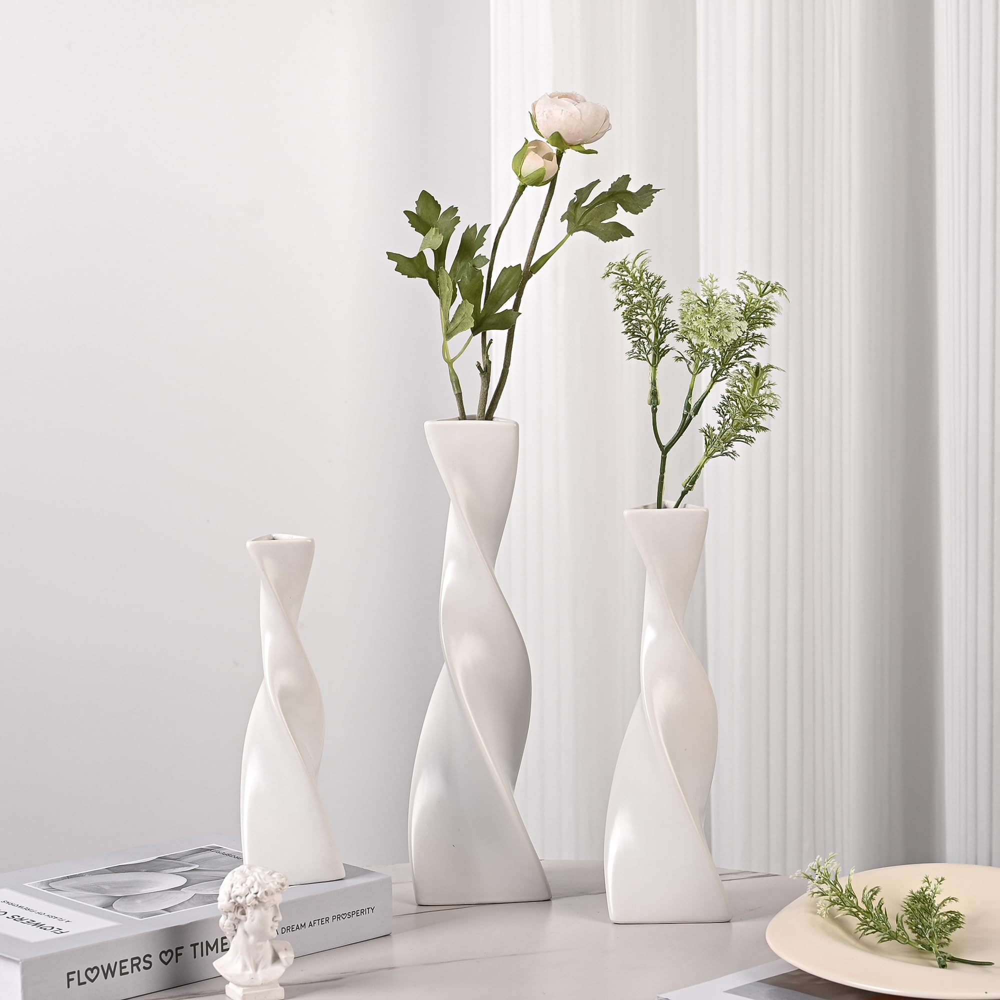 Set 3 Vasi In Ceramica Bianchi Moderni | Decorazione Interna Per Fiori Freschi E Secchi | Stile Minimalista - Foto 9