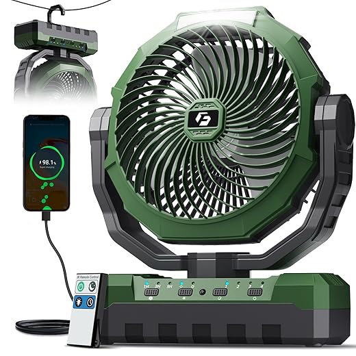 FRIZCOL 3-in-1 Camping Fan - Portable Fans Rechargeable - 24000mAh Battery Powered Fan(140Hrs) with Light & Remote for Indoor, Outdoor, Tent, Travel, BBQ, Fishing, Jobsite - Green