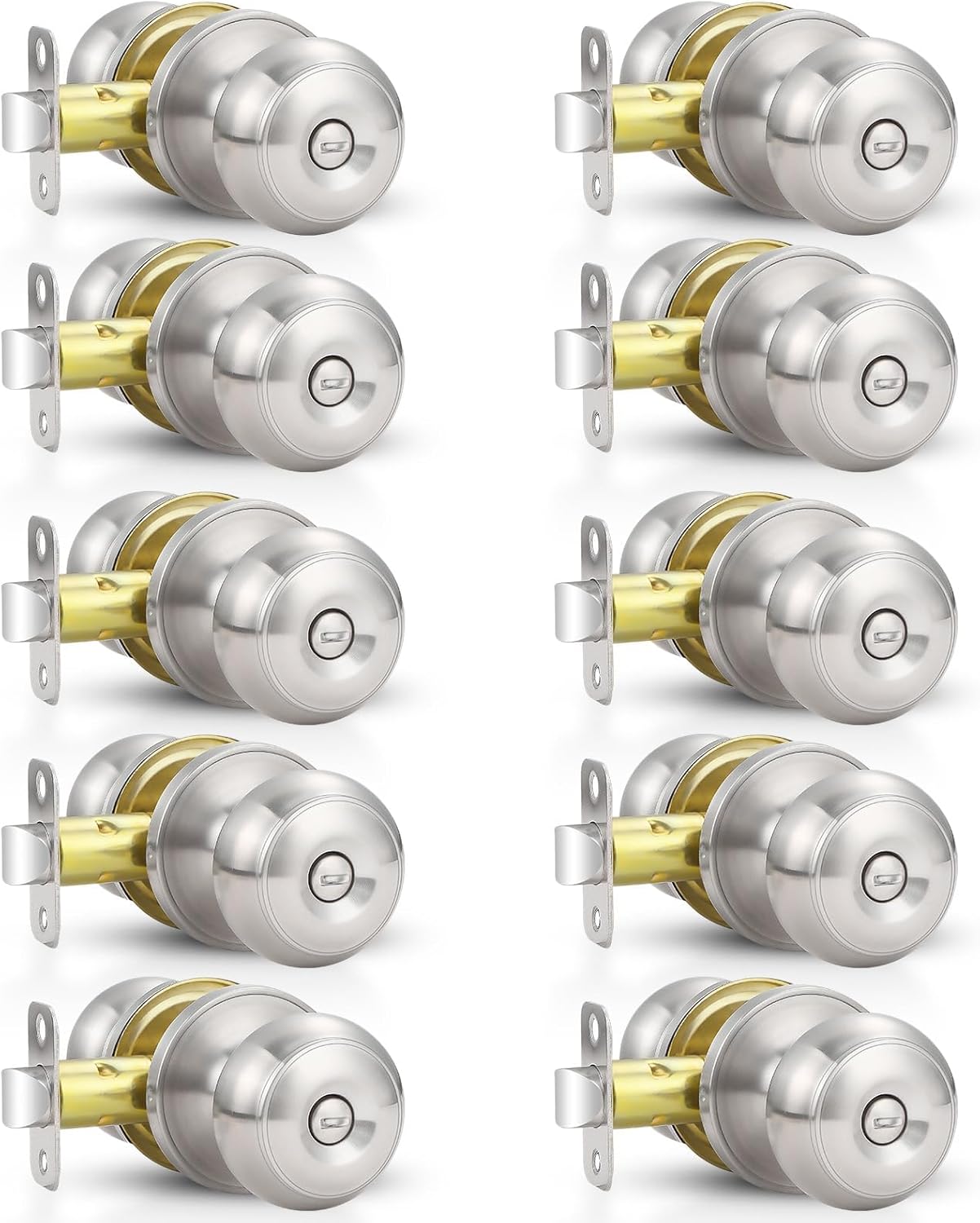 Estmoon 10 Pack Home Improvement Bed/Bath Room Door Knobs, Brushed Nickel Privacy Door Handle with Lock Silver Knobs with Lock for Bathroom Bedroom, Interior Doors Locksets 10 Pack Brushed Nickel