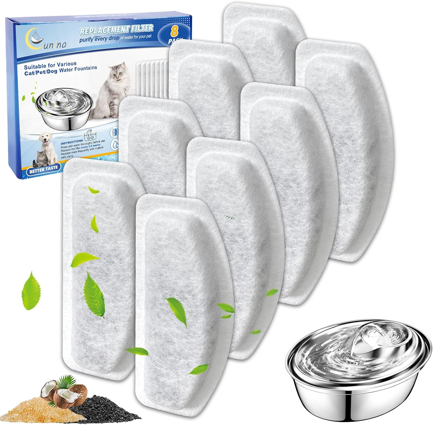 Cunina Cat Water Fountain Filter, 8 Pcs Replacement Water Filter