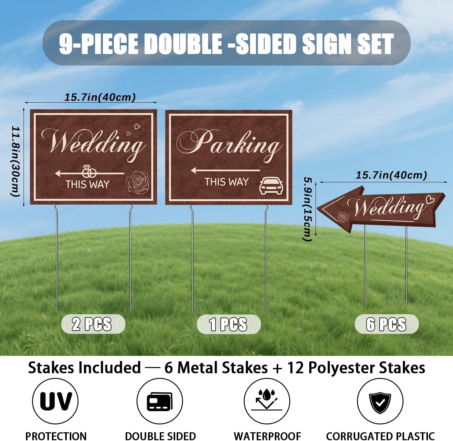 Wedding This Way Signs, 9-Piece Double-Sided Wedding Directional & Parking Sign Set, Corrugated Plastic Yard Signs with Stakes Included for Outdoor Ceremony, Reception & Entrance, Rustic Brown