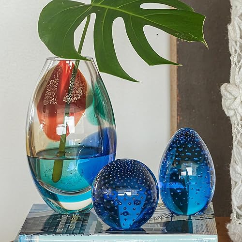 Miniatura 6 de Cá d'Oro Gran huevo pisapapeles azul con burbujas soplado a mano estilo Murano vidrio de arte para escritorio, decoración y colecciones