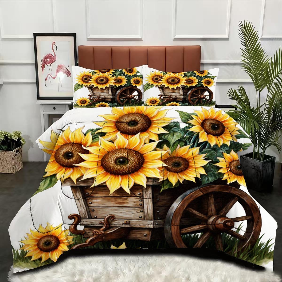 Kołdra 4 pory roku 140x200 cm Dziewczyna z żółtym słonecznikiem, koc z mikrofibry dla 1 osoby Pranie w pralce, oddychający i miękki komplet pościeli z 2 poszewkami na poduszki 65x65 cm_B3122