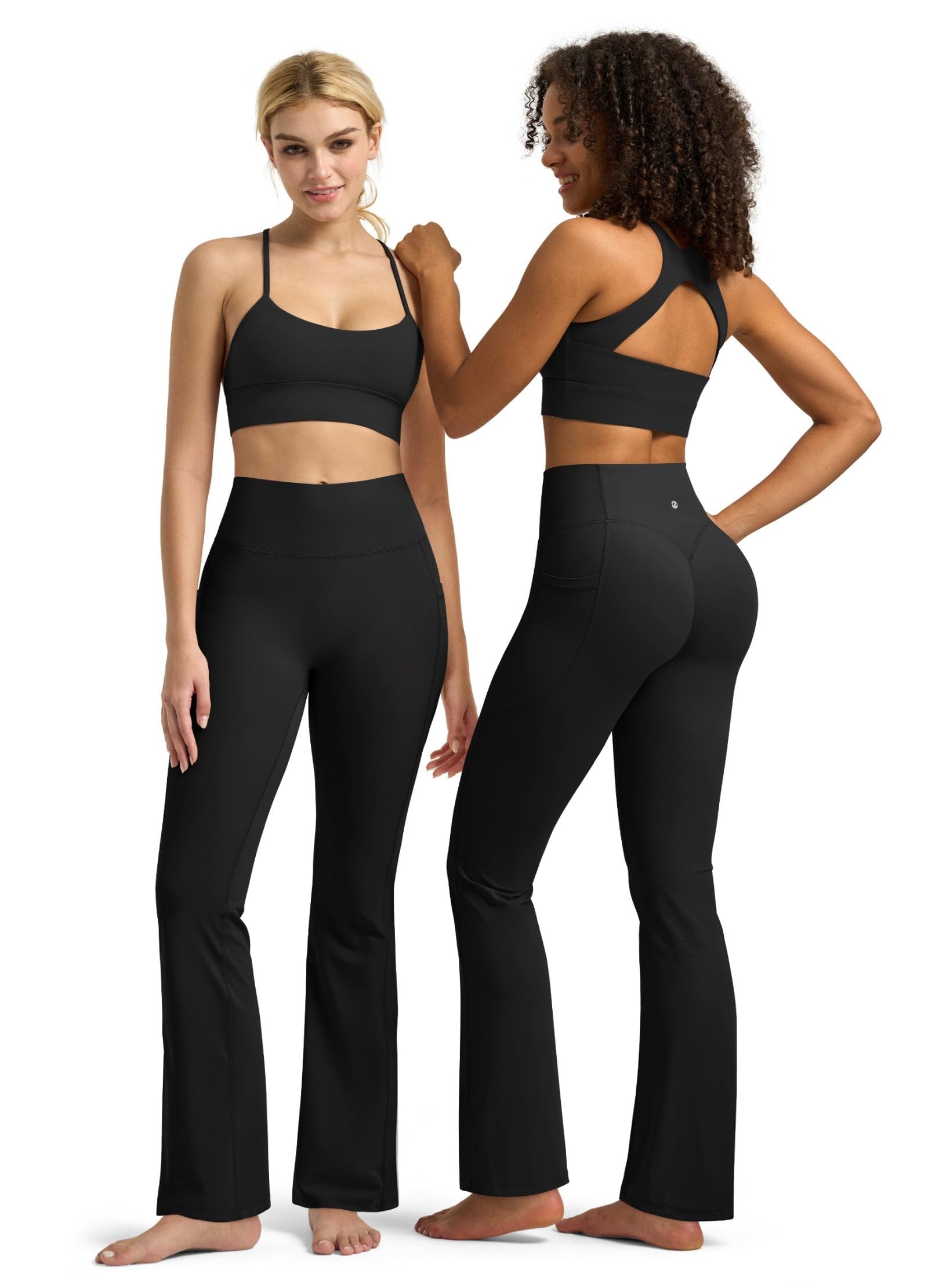 WILLIT Damskie rozkloszowane legginsy z wysoką talią, spodnie do jogi z kieszeniami, rozkloszowane legginsy, nieprzejrzyste spodnie sportowe Bootcut 79 cm/84 cm