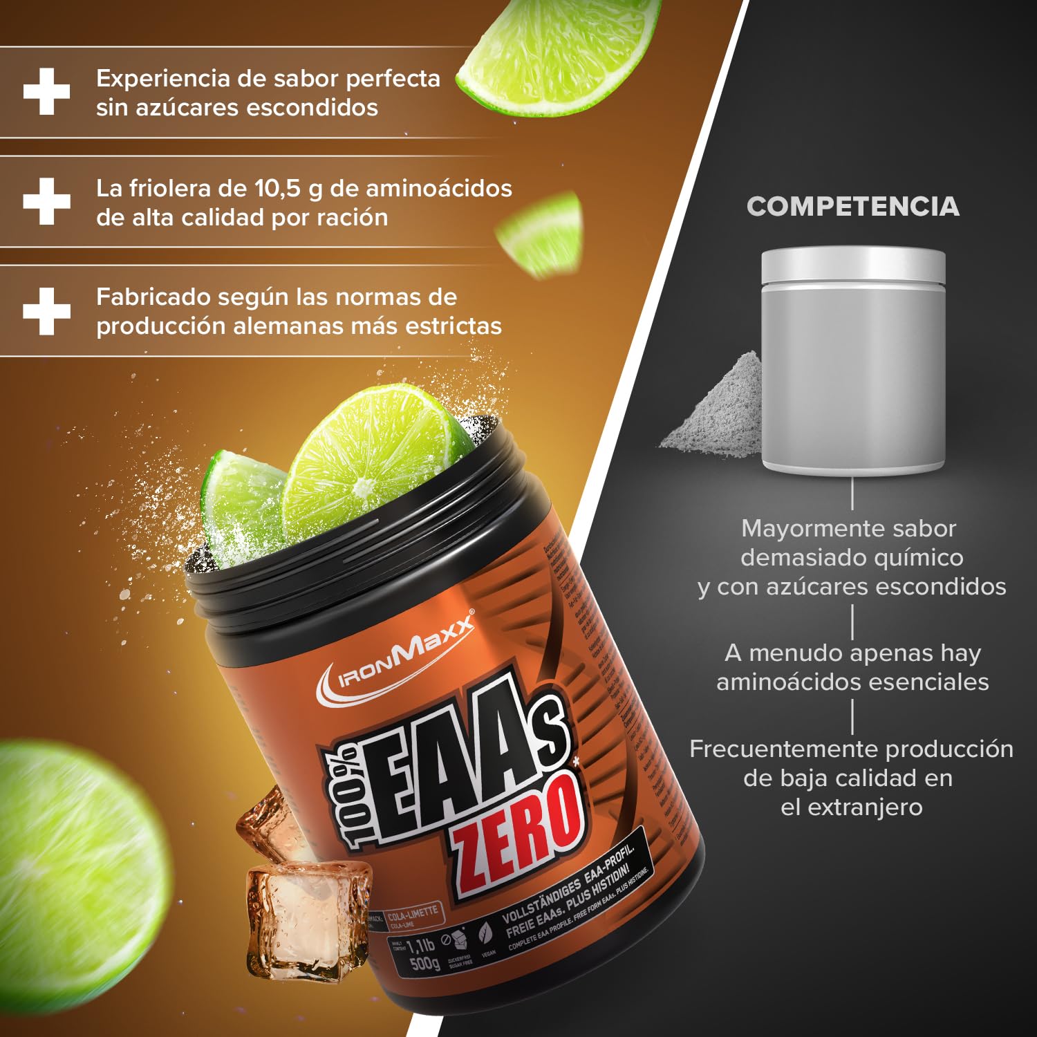 IronMaxx 100% EAAs Cero - Cola Lima bote de 500g | polvo de EAA, vegano y sin azúcares con todos los 8 aminoácidos esenciales | sabor afrutado, sin conservantes
