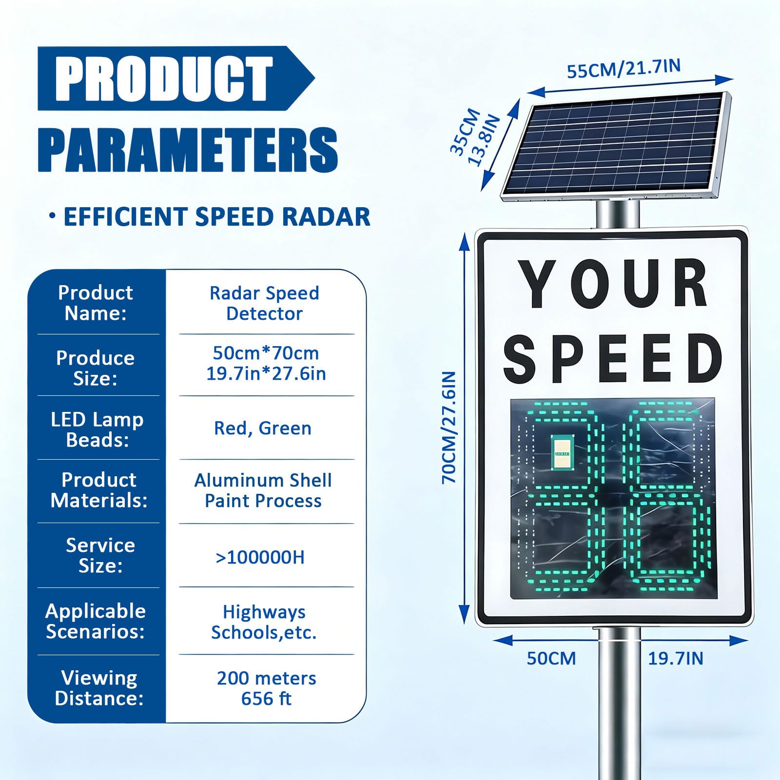 Cartel de Velocidad Radar Solar, 23.6"x35.4" Señal Digital de Límite de Velocidad, IP65 Resistente al Agua, Carcasa de Aluminio, Límite Ajustable, 2 Dígitos LED, para Control de Tráfico