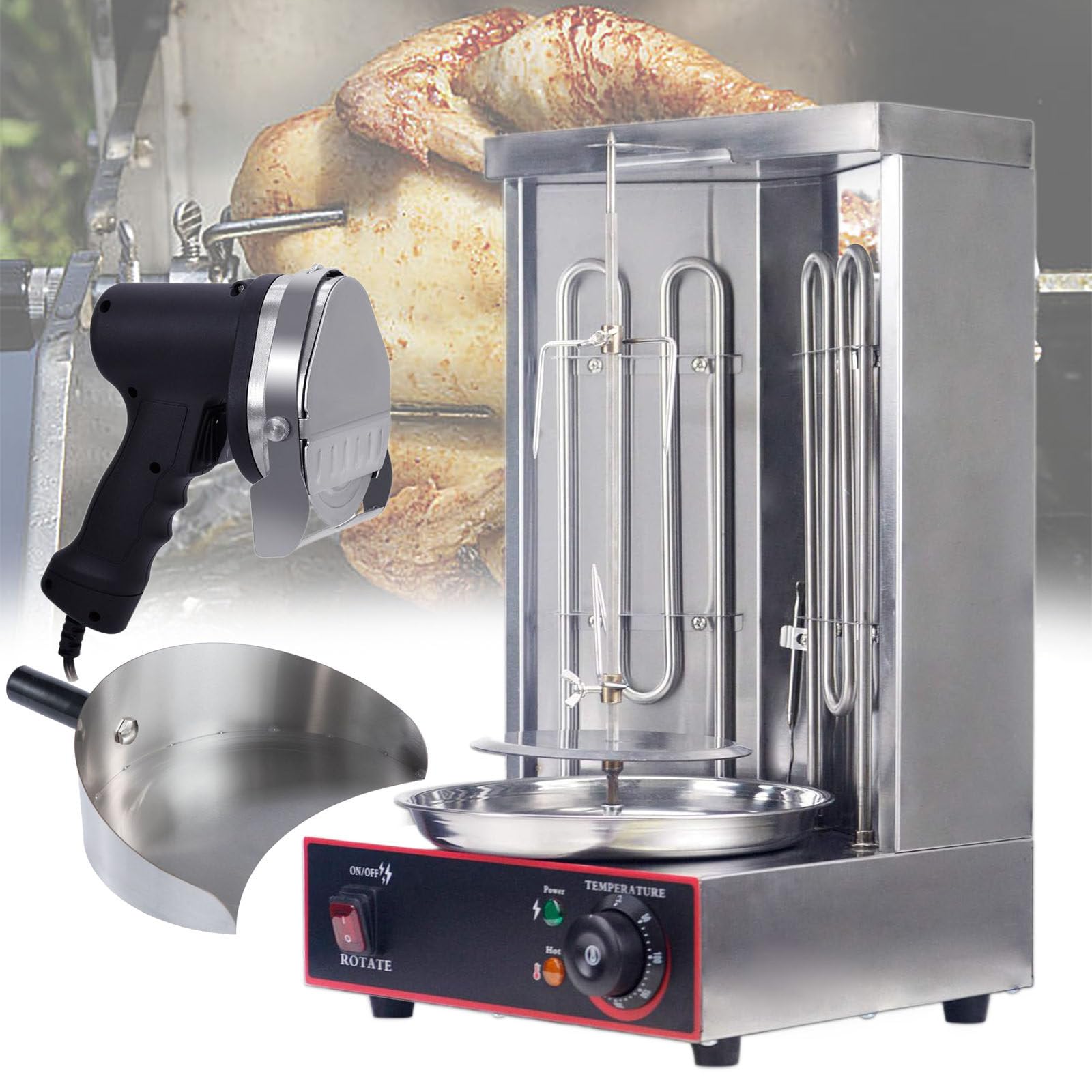 Máquina Eléctrica Comercial Vertical Kebab BBQ Asador Horno Sin Humo (con 2 Tubos Calefactores) para Pollo Asado, Pavo Asado, Tacos, Asado, Carne de Res,Pan+Knife