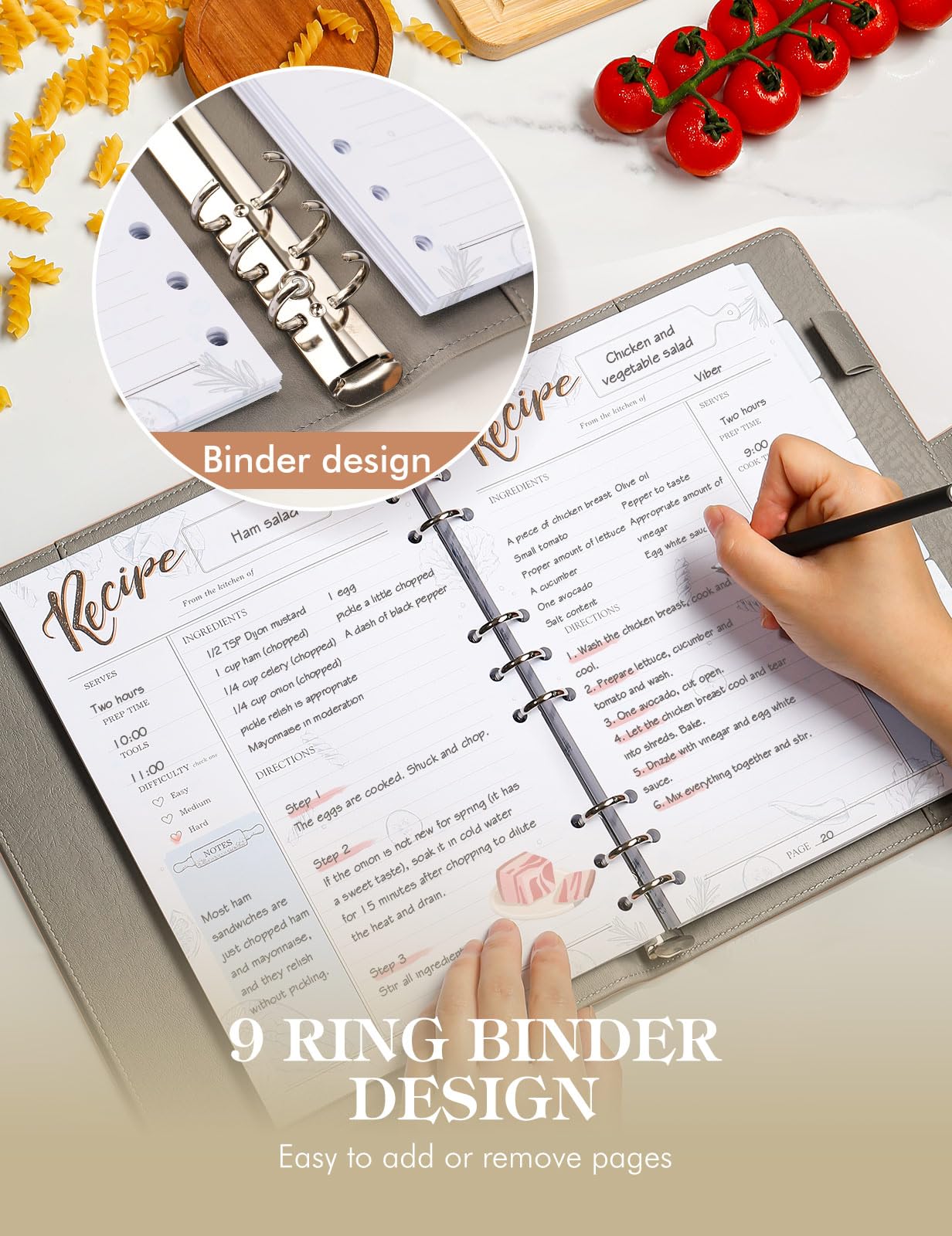 AISBUGUR Libro di ricette bianco per scrivere le tue ricette, quaderno per ricette fai da te a 9 anelli, raccoglitore per ricette con copertina rigida, organizer per ricette personalizzato con 160