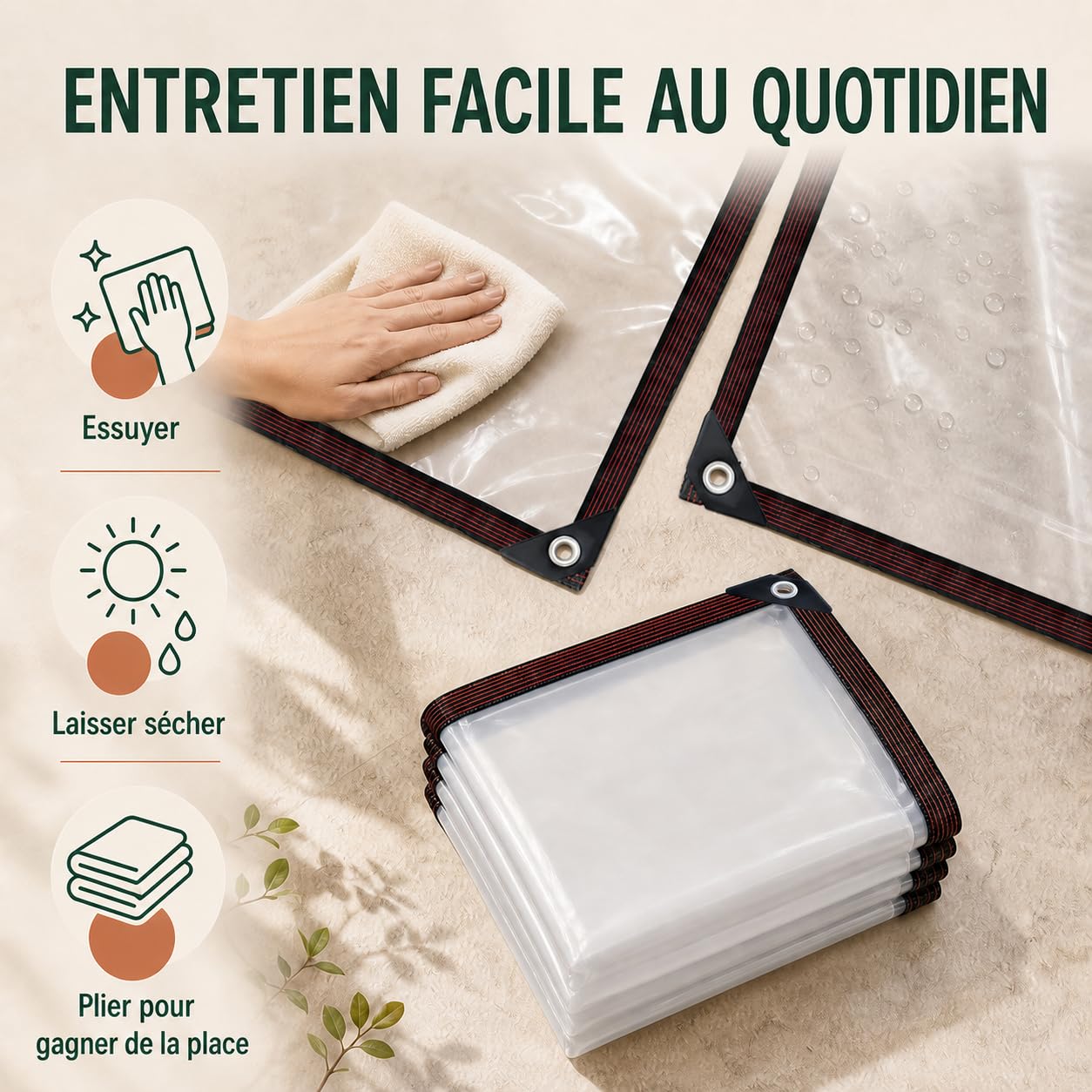 Bâche de Protection Extérieure Transparente avec Œillets 3x5m | 90 % transparente : la pluie reste dehors, tandis que terrasses, serres et mobilier restent lumineux et visibles.