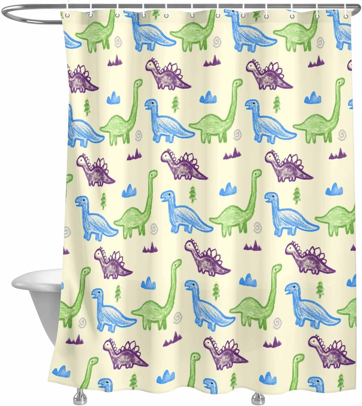 Cartoon Animals Shower Curtain, Blue Purple Graffiti Dinosaurs Waterproof Washable Shower Curtains with Hooks, Soft Shower Curtain for Bathroom Hotel Decoration, 72x96 Inches