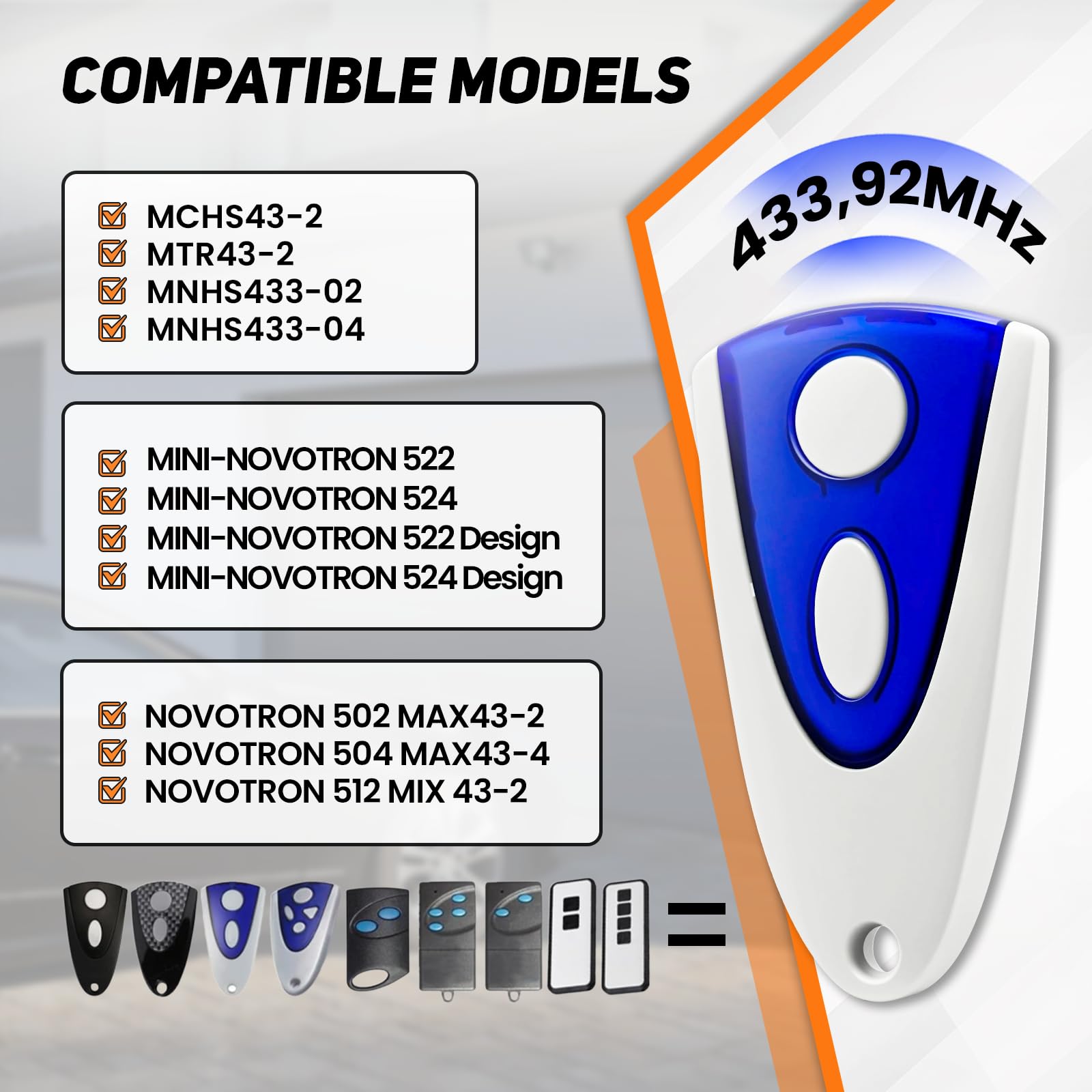 433,92mhz Telecommande Portail Compatible avec Novoferm Novotron 502 MAX43-2 512 MIX43-2, z Bip Portail Porte De Garage, 2 Canaux,Lot de 2 - 2