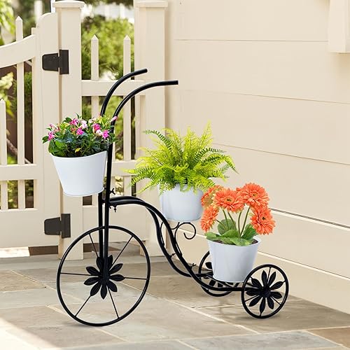 Miniatura 2 de LEWIS&WAYNE Maceta de triciclo de metal, 3 niveles con soporte para plantas de flores, pintada a mano, decoración de patio y jardín al aire libre