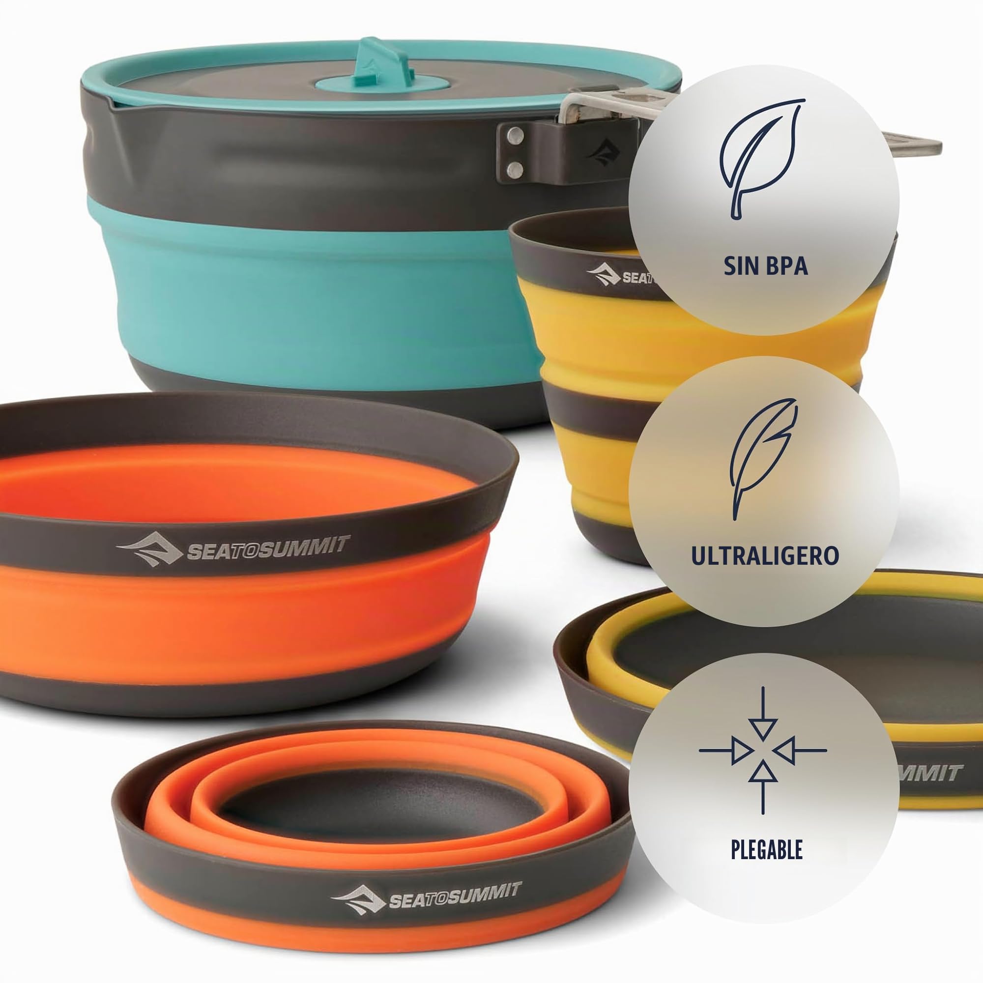 Sea to Summit - Kit de Cocina Plegable Ultraligero para 2 Personas (1 Cacerola, 2 Cuencos, 2 Tazas) de Silicona de Grado alimenticio, Aluminio anodizado Duro