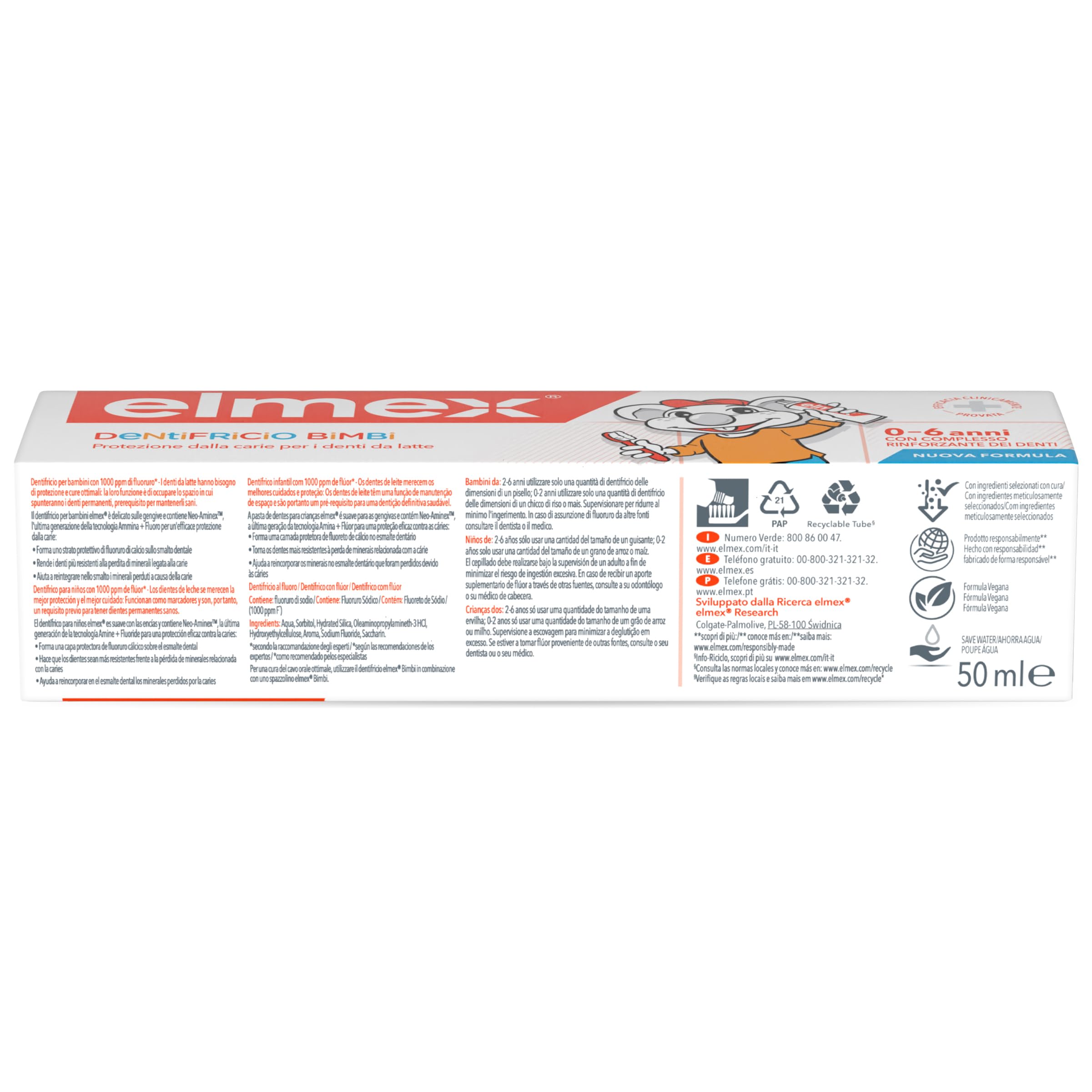 Elmex Niños Protección Caries Pasta de Dientes Infantil, 1 Ud x 50 ml, Protege contra la Caries, Dentífrico para Niños 0-6 Años, Contiene 1000ppm de Fluoruro de Amina