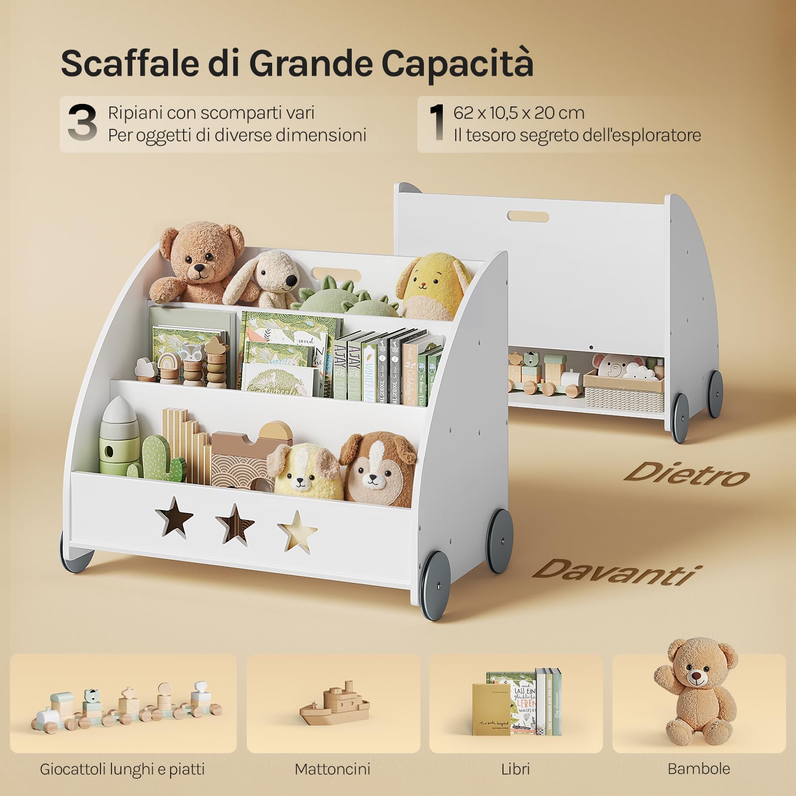 WOLTU Libreria per bambini in legno, scaffale per giocattoli a 3 livelli, organizza libri con ruote cameretta, bianco