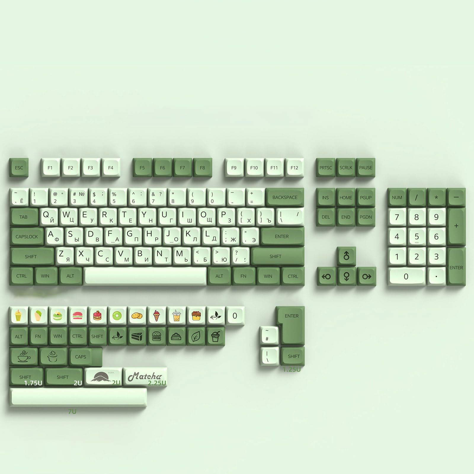 Touches Matcha PBT 139 Touches Vertes Jeu de Touches de Jeu Profil XDA Touches Mignonnes Touches personnalisées Disposition ANSI Dye-Sub pour claviers mécaniques,Russian