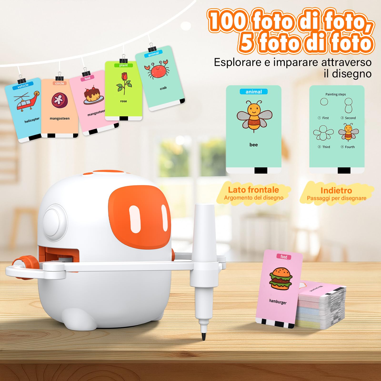 Robot da Disegno per Bambini con 100 Schede e 12 Pennarelli, Giocattolo Robot con Interazione Vocale, Migliora Concentrazione e Pazienza, Bambini Sopra i 3 Anni, Bianco