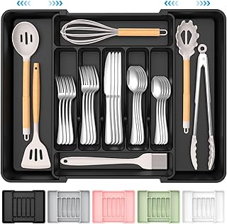Organizador de cubiertos expandible extragrande, sin BPA, apto para alimentos, organizador de cajones de utensilios de cocina, soporte ajustable para cucharas, tenedores, cuchillos, color