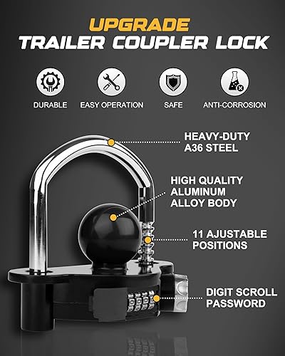 Miniatura 4 de RETRUE Cerradura de acoplador universal para remolque, bloqueo de enganche de bola, bloqueo de enganche de remolque, de seguridad ajustable, de