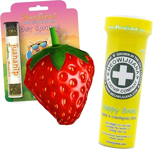 Meowijuana Paquete de fresas Get Sprung Juguete de fresa recargable y mezcla de hierba gatera Happy Grass Promueve el juego y la salud del gato