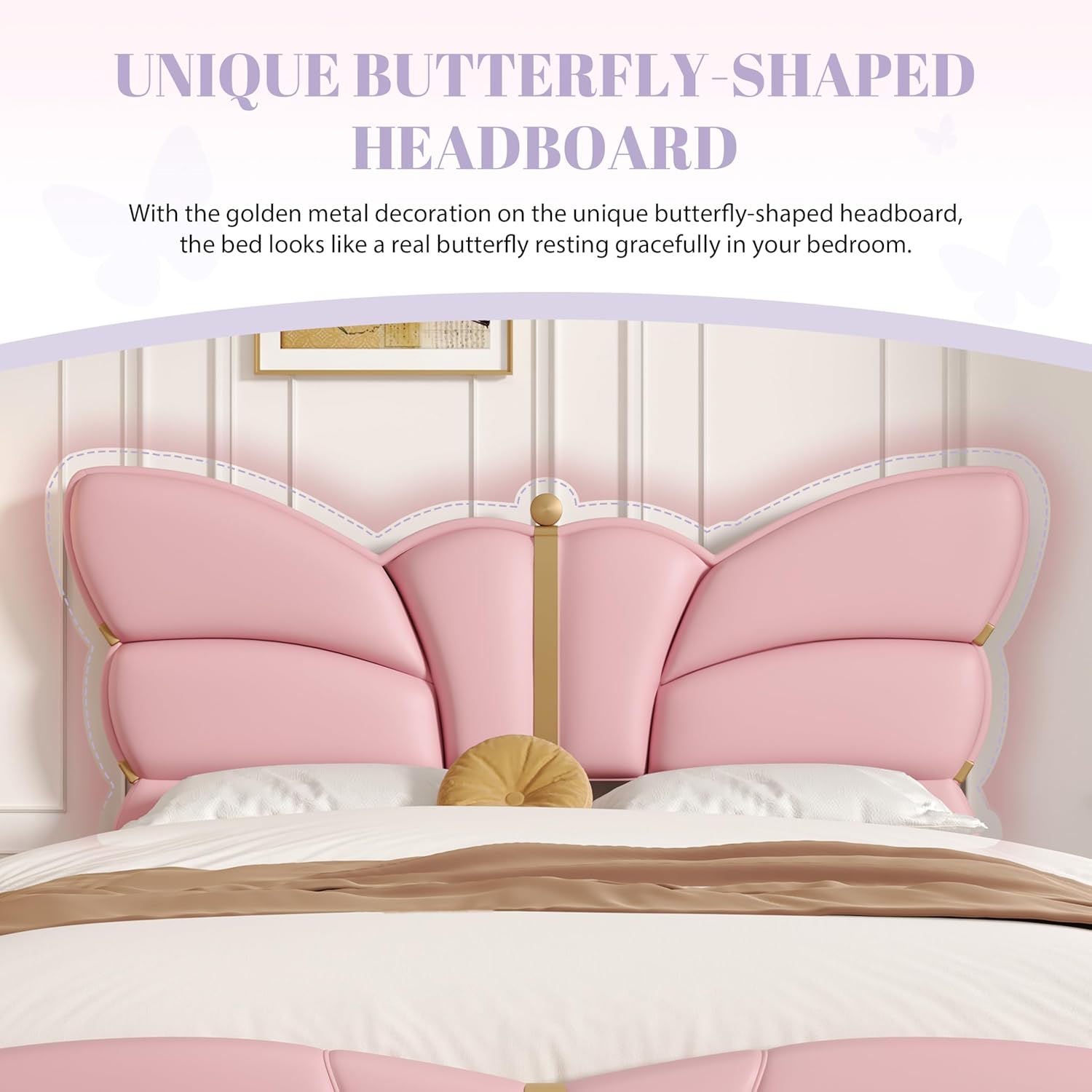 Queen Size Upholstered PU Leather Bed Frame with Butterfly Headboard and Footboard,Modern Platform Bed with Gold Metal Accents,No Box Spring Needed,Wooden Slat Support,Easy Assembly,Light Pink