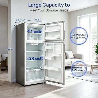 Smad Full Size Refrigerator 20 Cu.Ft, 30 Refrigerator with Top Freezer, Frost Free, Garage Ready, Freestanding Fridge for Kitchen, Office, Apartment, Dorm, Stainless Steel