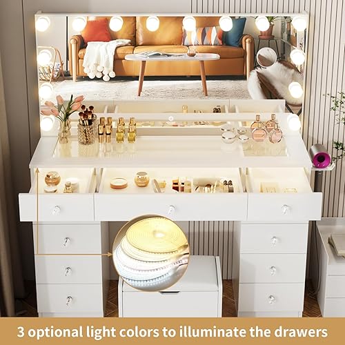 Miniatura 3 de VOWNER Tocador con espejo iluminado, escritorio de maquillaje con parte superior de vidrio con luces y 11 cajones, 3 modos de iluminación de color