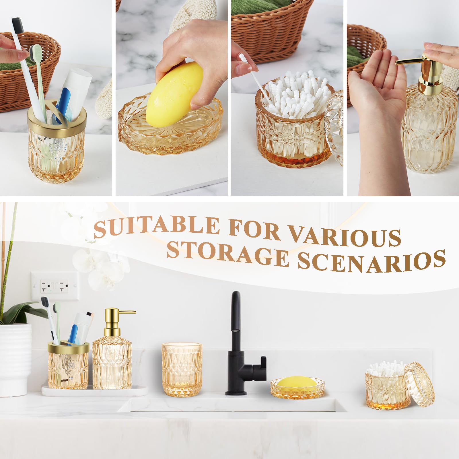 Set di 5 accessori da bagno in vetro dorato, set di accessori per il bagno, dispenser per lozioni, portasapone, porta spazzolini, bicchieri, bastoncini di cotone, set decorativo per bagno moderno,
