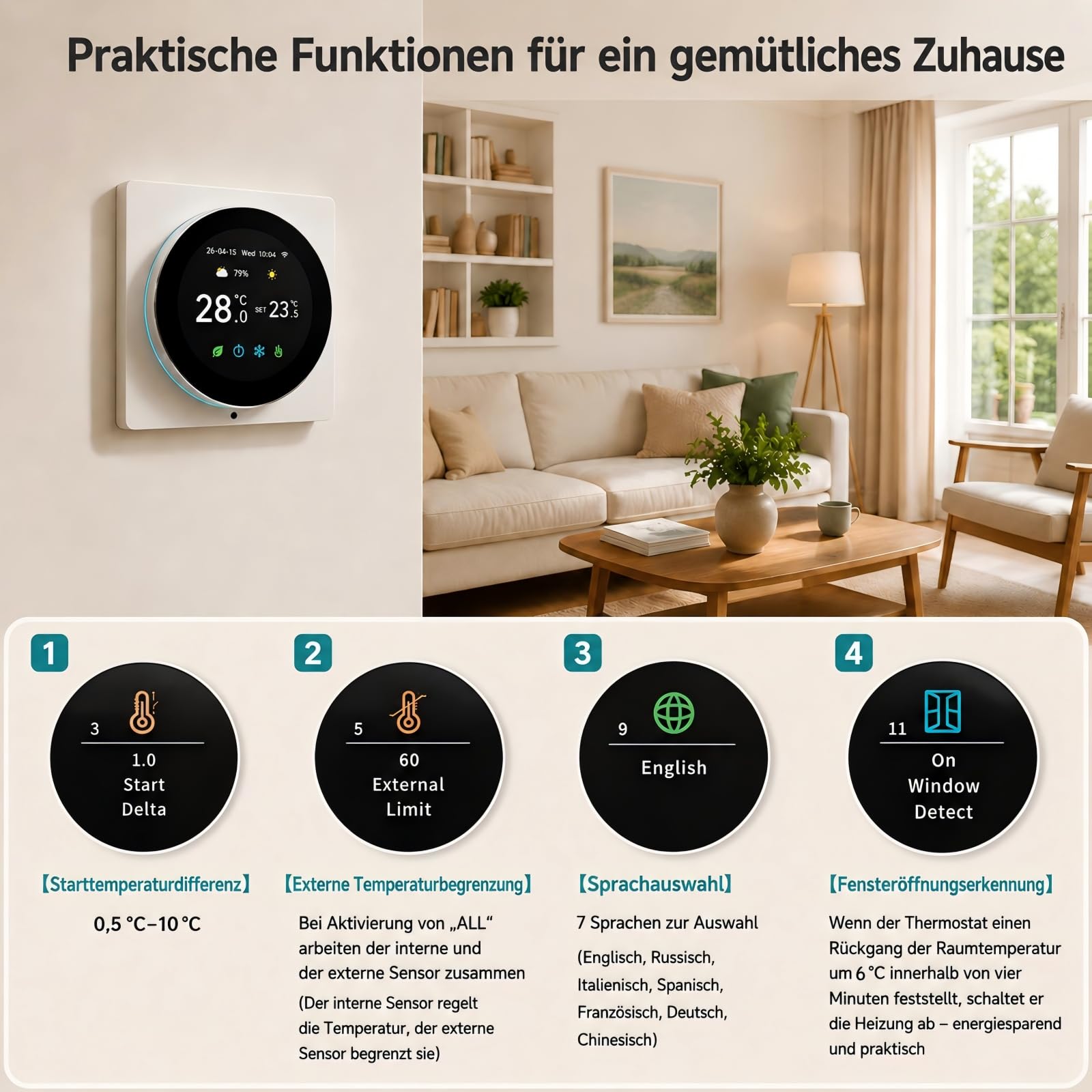 Raumthermostat Elektrische Fußbodenheizung Drehregler mit externer Sensor | Programmierbar Digital Thermostat Fussbodenheizung Unterputz WLAN Smart,für Alexa Google Home Assistant Tuya Smart Life,16A