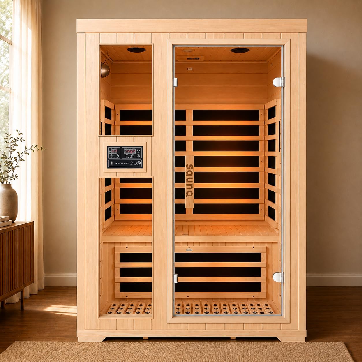 2-Person Infrared Sauna, Indoor Home Sauna Room Hemlock Wood Sauna Low EMF Far Infrared Heating with Tempered Glass Door Bluetooth Speakers, Chromotherapy Lights for Family(110V, 1850W)Truck delivery