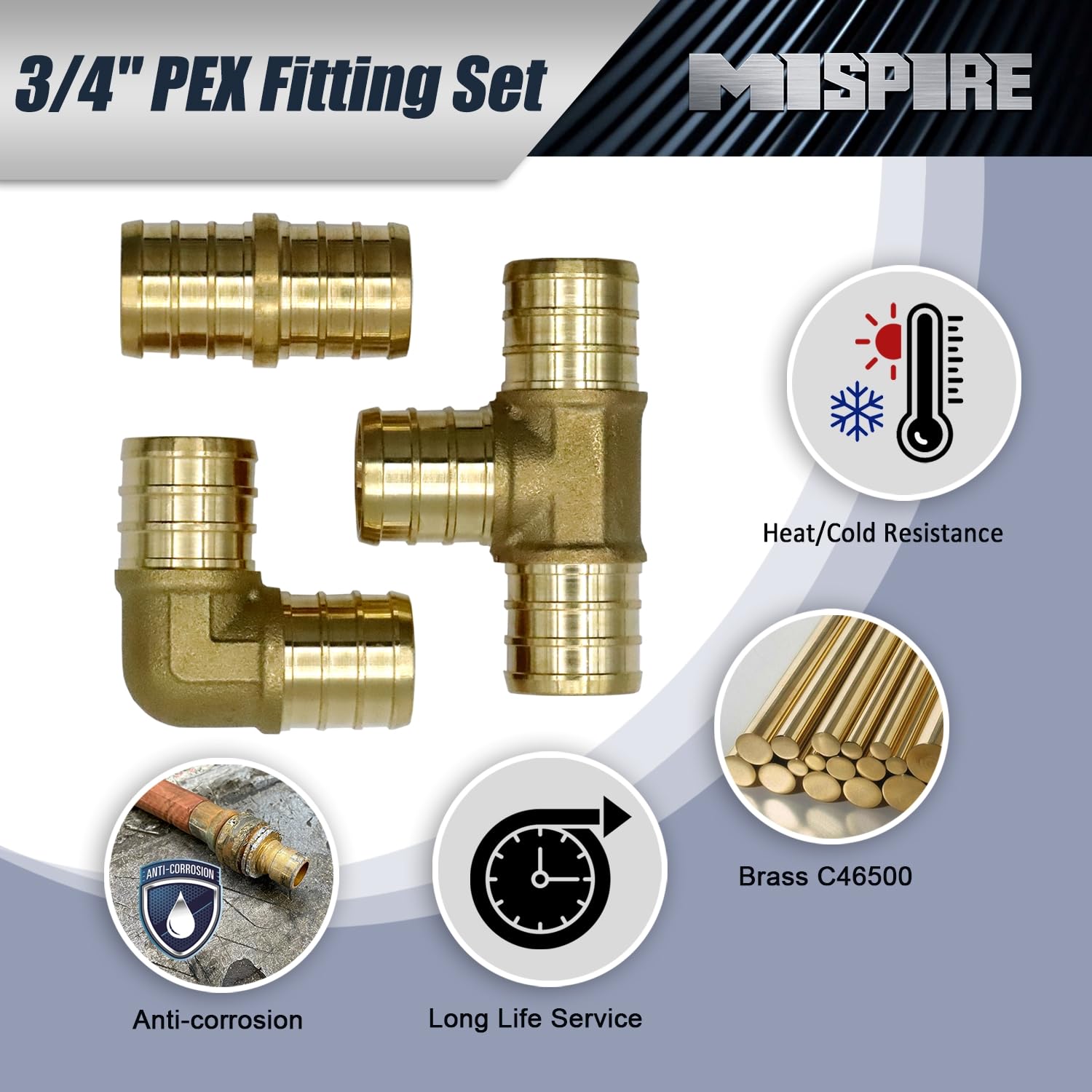 Accesorios PEX de 3/4 pulgadas, 36 piezas, 12 acoplamientos, 12 codos de 90 grados y 12 piezas en T PEX, combo de accesorios de tubería PEX de latón, sin plomo para líneas de agua PEX,