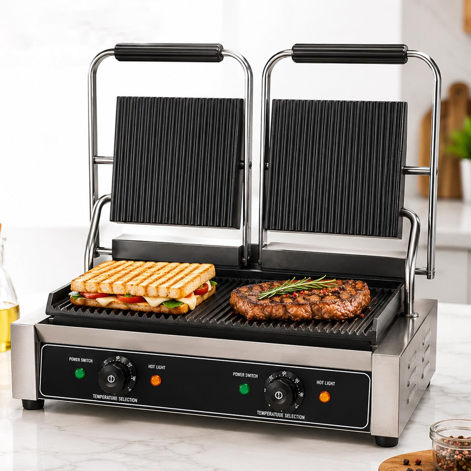 Grill Sandwichera Plancha, Parrilla Eléctrica para Carne, Pescado Double-C