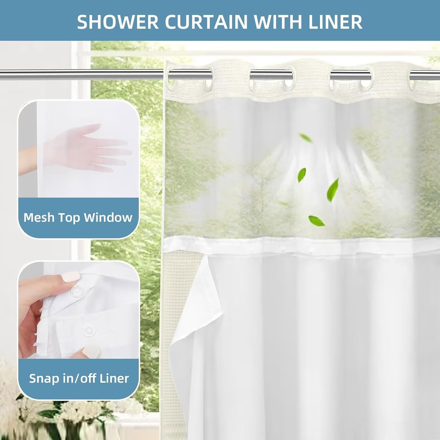 No Hook Shower Curtain with Snap in Liner,Easy Install Hotel Style Waffle Shower Curtain for Bathroom with See Through Top Window,Waterproof &Washable,72Wx81H,Ivory