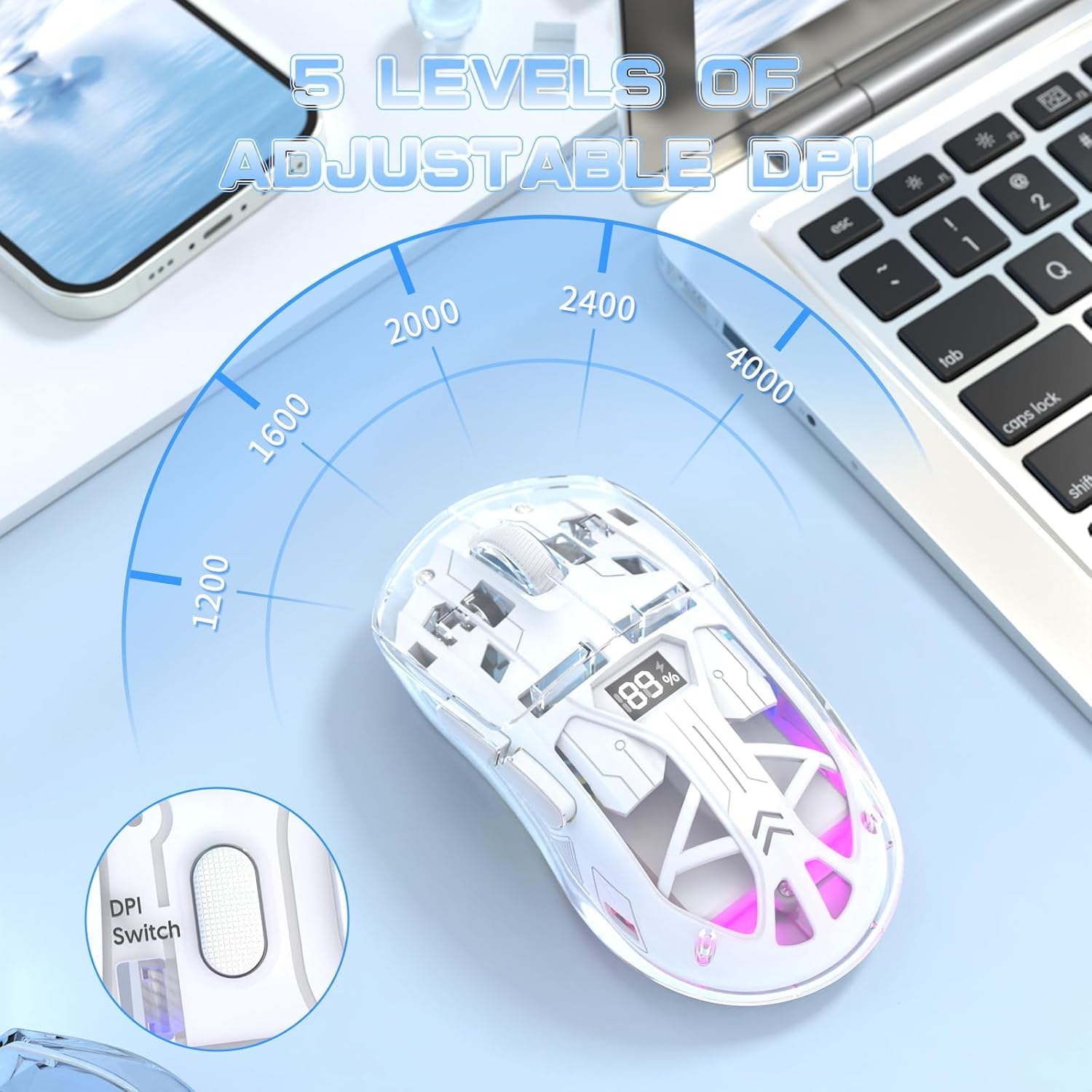 Advanced | Wireless Gaming Mouse, RGB Backlit USB Gaming Mice & 7 Buttons Programmable Driver, Dual Mode 2.4G/Bluetooth Transparent, Rechargeable 400mAh Battery, 4000 DPI 5 Level, Visible Battery Level-White 2026 - view 6