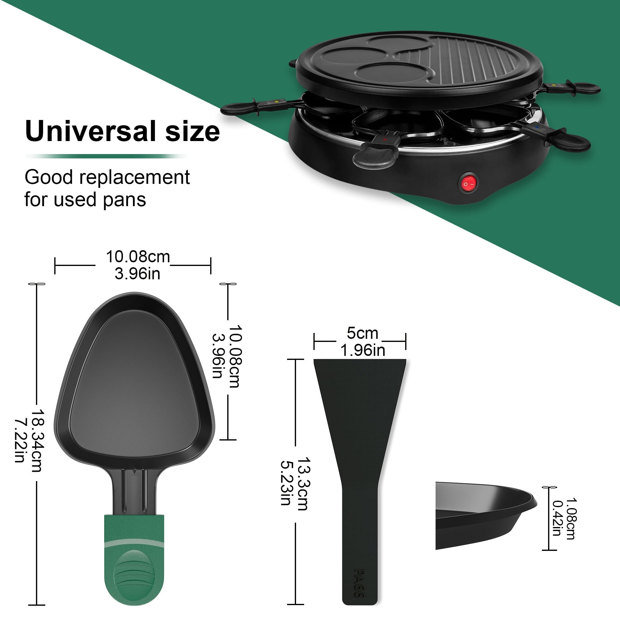 Yoassi 8pcs Mini Padelle per Raclette,Mini Piastra Raclette Antiaderente con 8 Spatole di Nylon,Misura Universale 4 Colori Manici Antiscottatura,Padelle Triangolare da Raclette per Fuso Uovo Fritto
