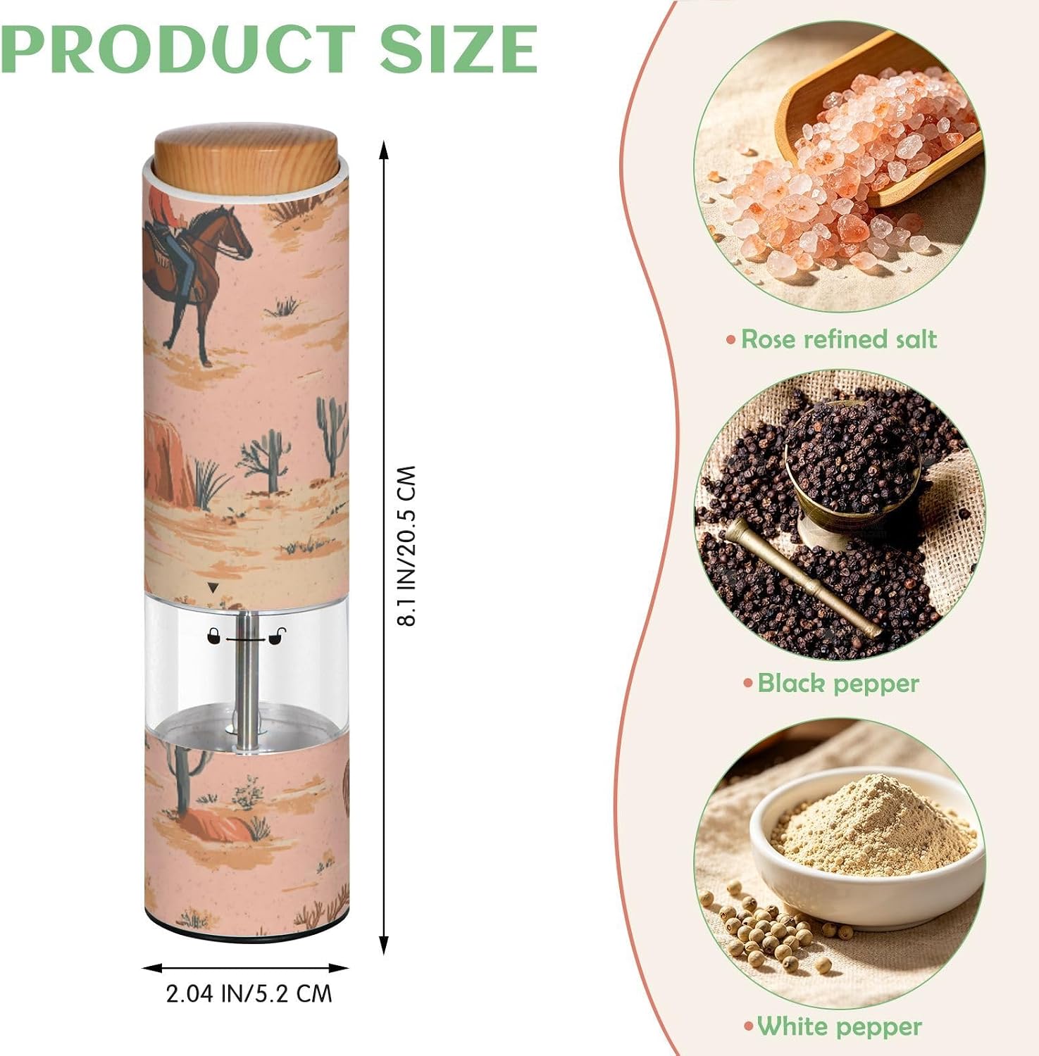ALAZA Electric Pepper Grinder with Adjustable Coarseness, Cowboys Horse Pattern Cactus Battery Automatic Salt and Pepper Mill with Led, One-Handed Operation Spice Grinder for Kitchen, Camping & BBQ