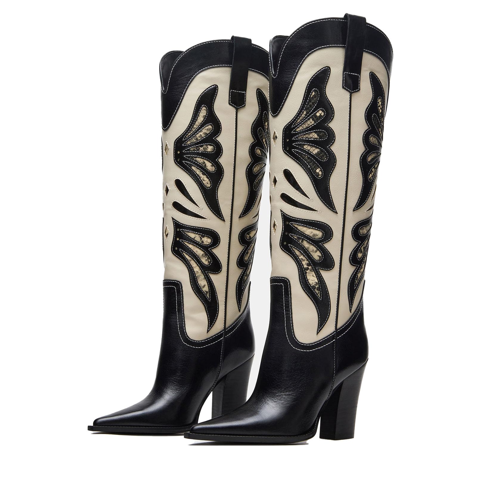 Butterfly Embroidery Womens Cowboy Boots Vintage Chunky Heel Wide Knee High Boots Pointed Toe Pull on Western Shoes